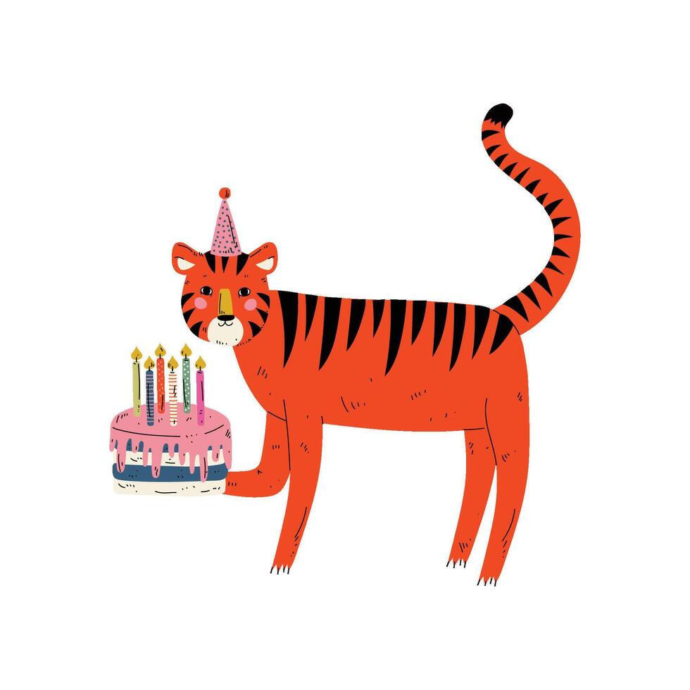 Cute Tiger Wearing Party Hat with Birthday Cake, Cute Animal Character for Happy Birthday Design Illustration vector