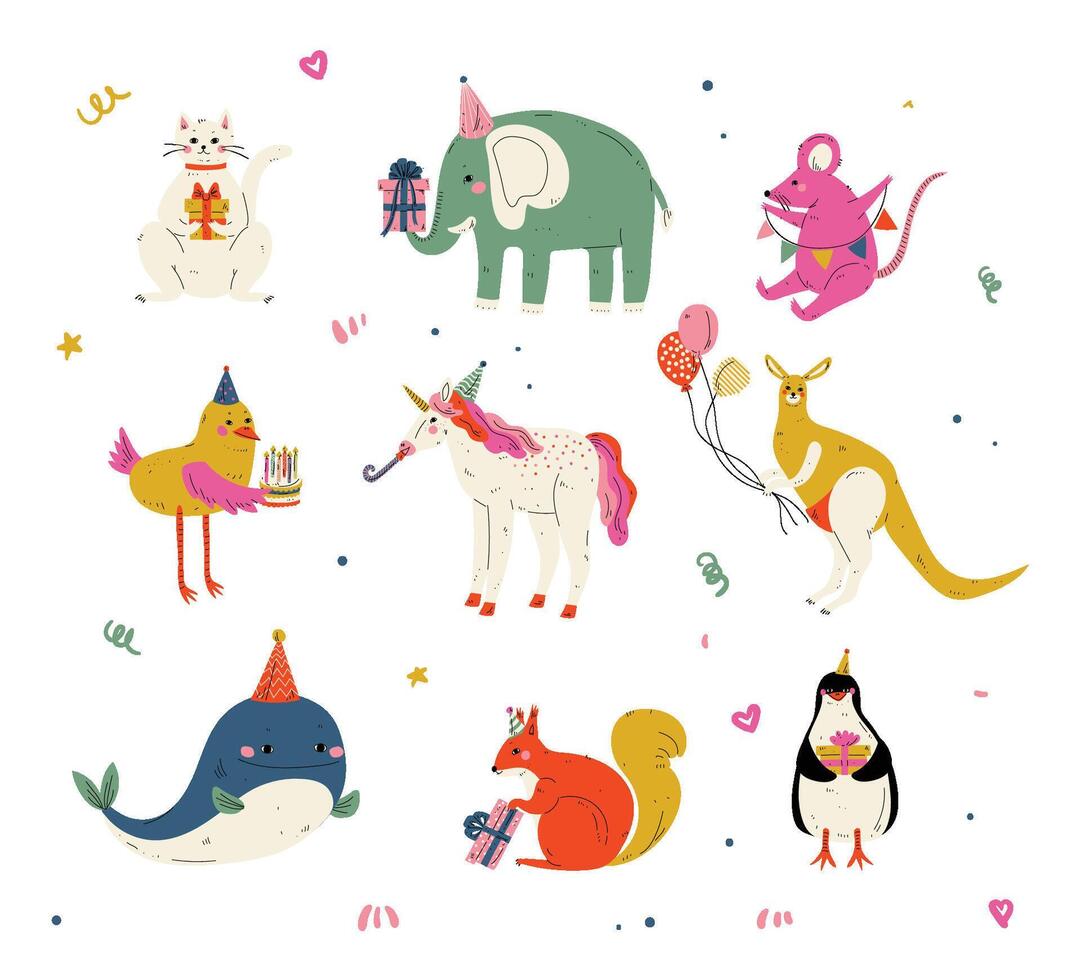 Cute Animals Wearing Party Hats with Birthday Cakes and Gift Boxes Set, Cute Cat, Elephant, Mouse, Chicken, Kangaroo, Whale, Squirrel, Penguin Characters for Happy Birthday Design Illustration vector
