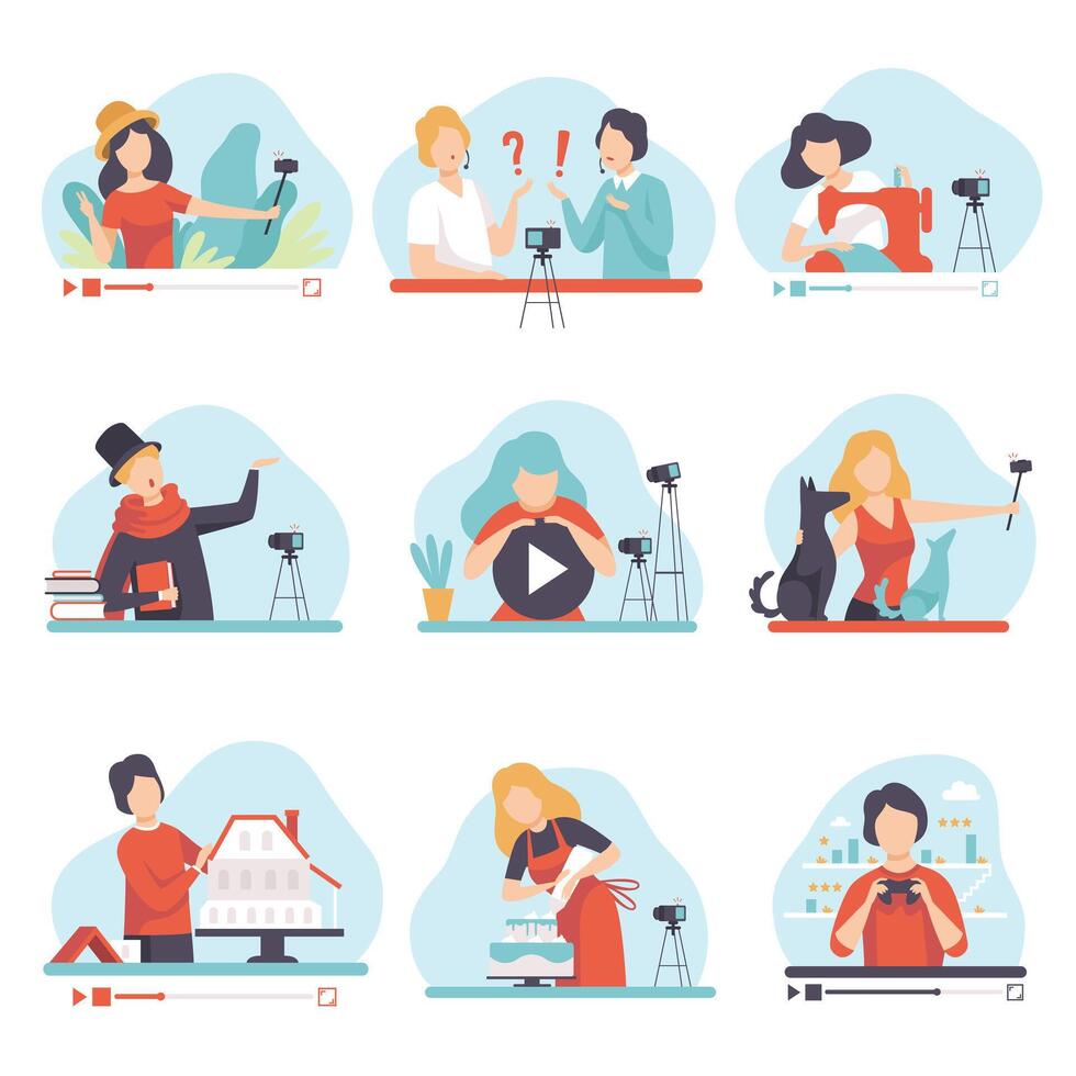 Blogging and Vlogging Set, People Demonstrating their Skills Through Internet, Bloggers Talking about Poetry, Cookery, Needlework, Construction, Travel Illustration vector