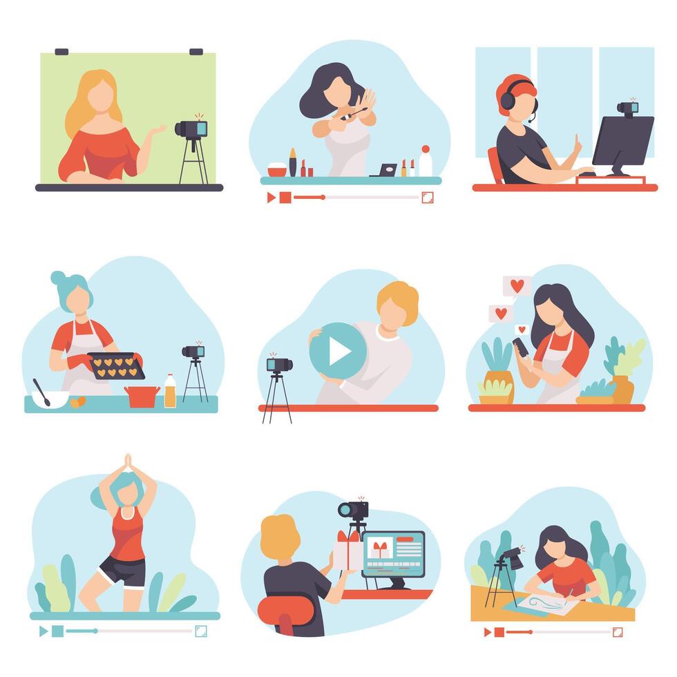 Blogging and Vlogging Set, People Bloggers Demonstrating their Skills Through Internet Illustration vector