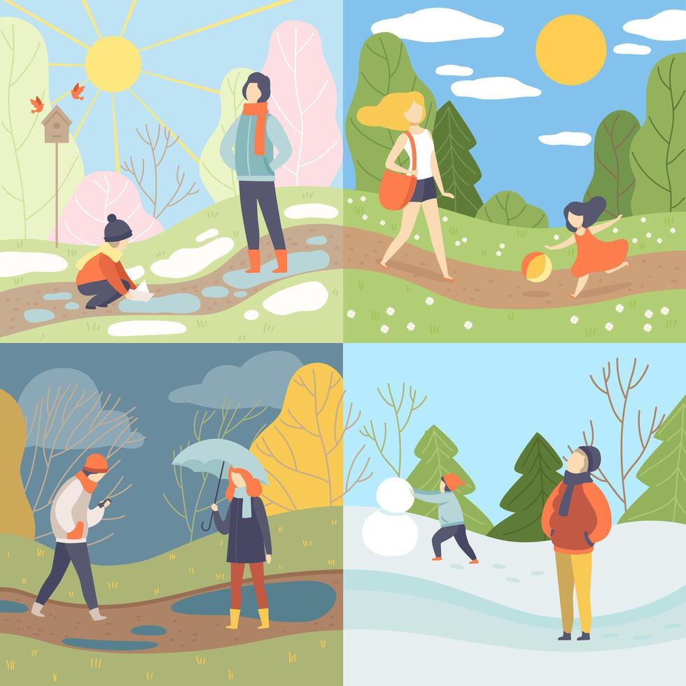 Four Seasons Set, Winter, Spring, Summer and Autumn, People Enjoying Different Weather in Nature Illustration vector