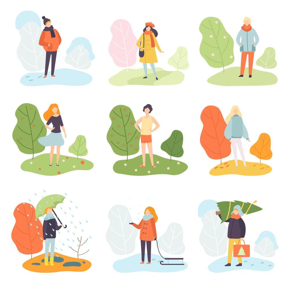 Different Seasons Set, Winter, Spring, Summer and Autumn, People in Seasonal Clothes in Nature Illustration vector