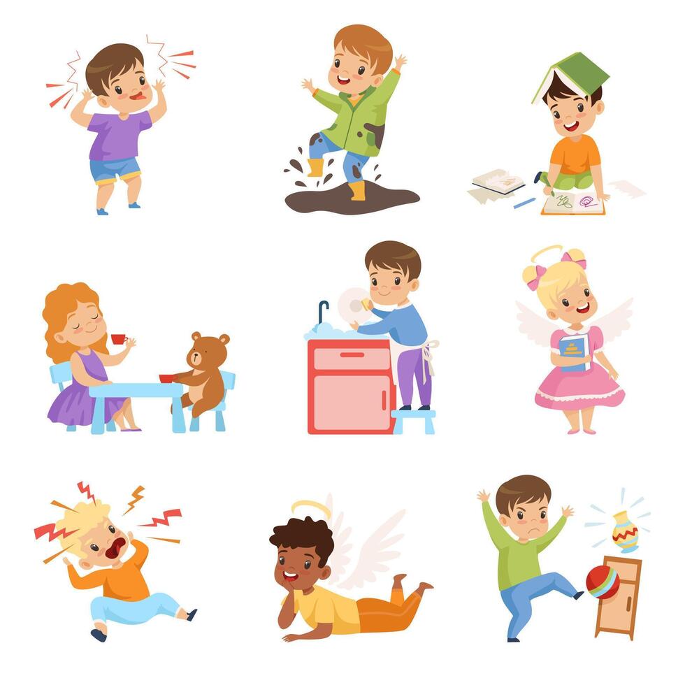 Naughty and Obedient Kids Set, Children with Good Manners and Hooligans Illustration vector
