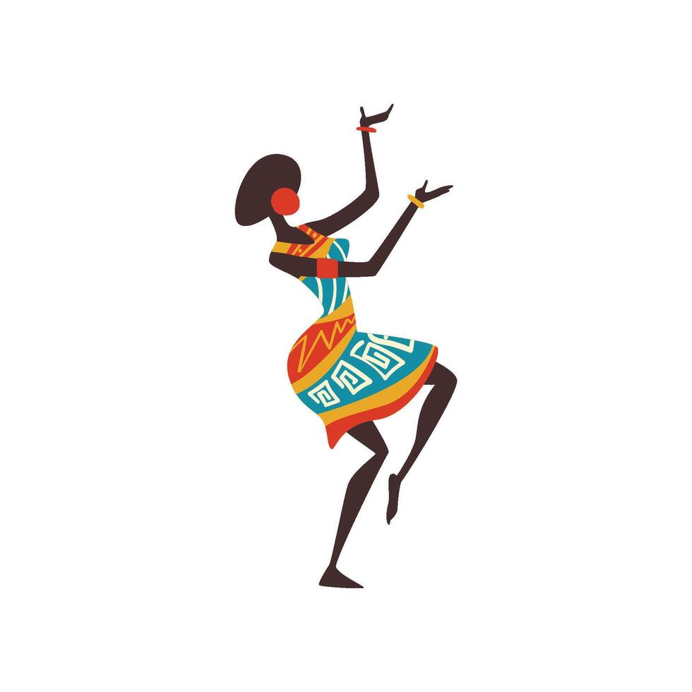 Beautiful African Woman Dancing, Female Aboriginal Dancer in Bright Ornamented Ethnic Clothing Illustration vector