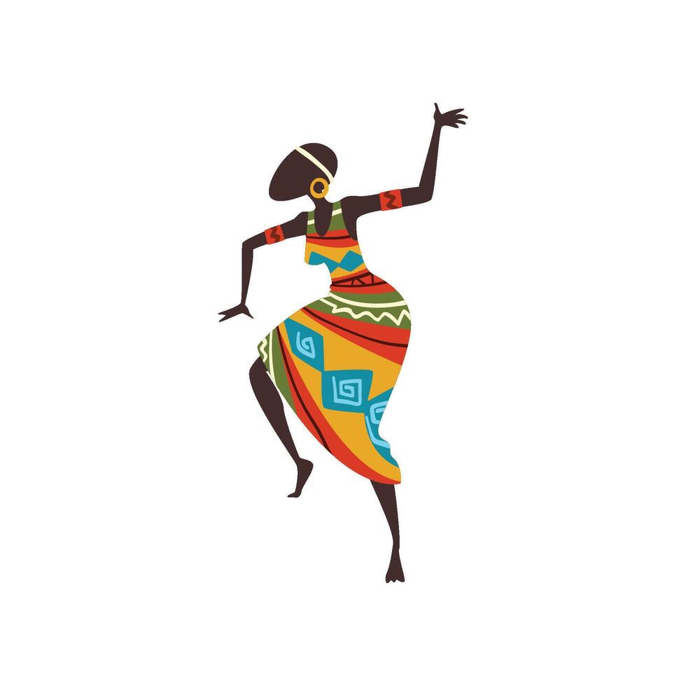 Beautiful African Woman Dancing Folk or Ritual Dance, Female Aboriginal Dancer in Bright Ornamented Ethnic Clothing Illustration vector