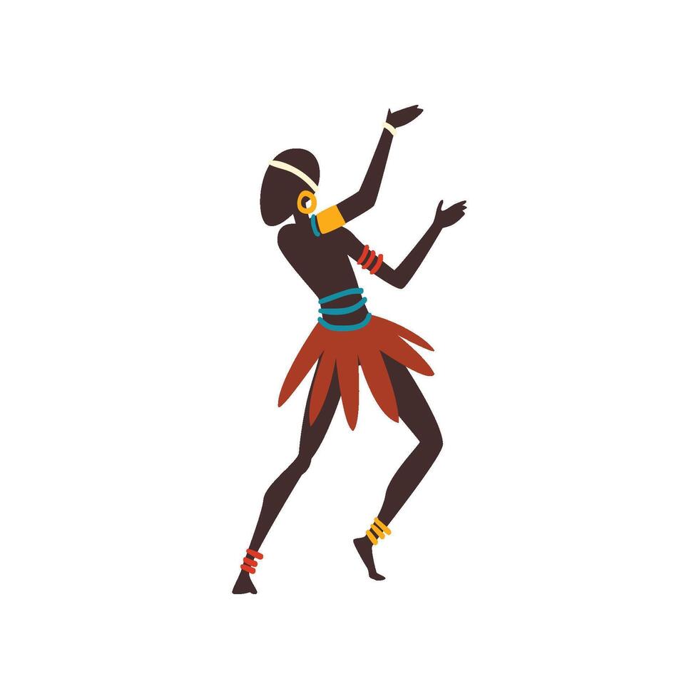 African Man Dancing Folk or Ritual Dance, Male Aboriginal Dancer in Bright Ornamented Ethnic Clothing Illustration vector