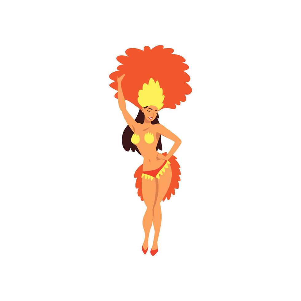 Girl Wearing Red and Yellow Festival Costume Dancing, Brazilian Samba Dancer, Rio de Janeiro Carnival Illustration vector