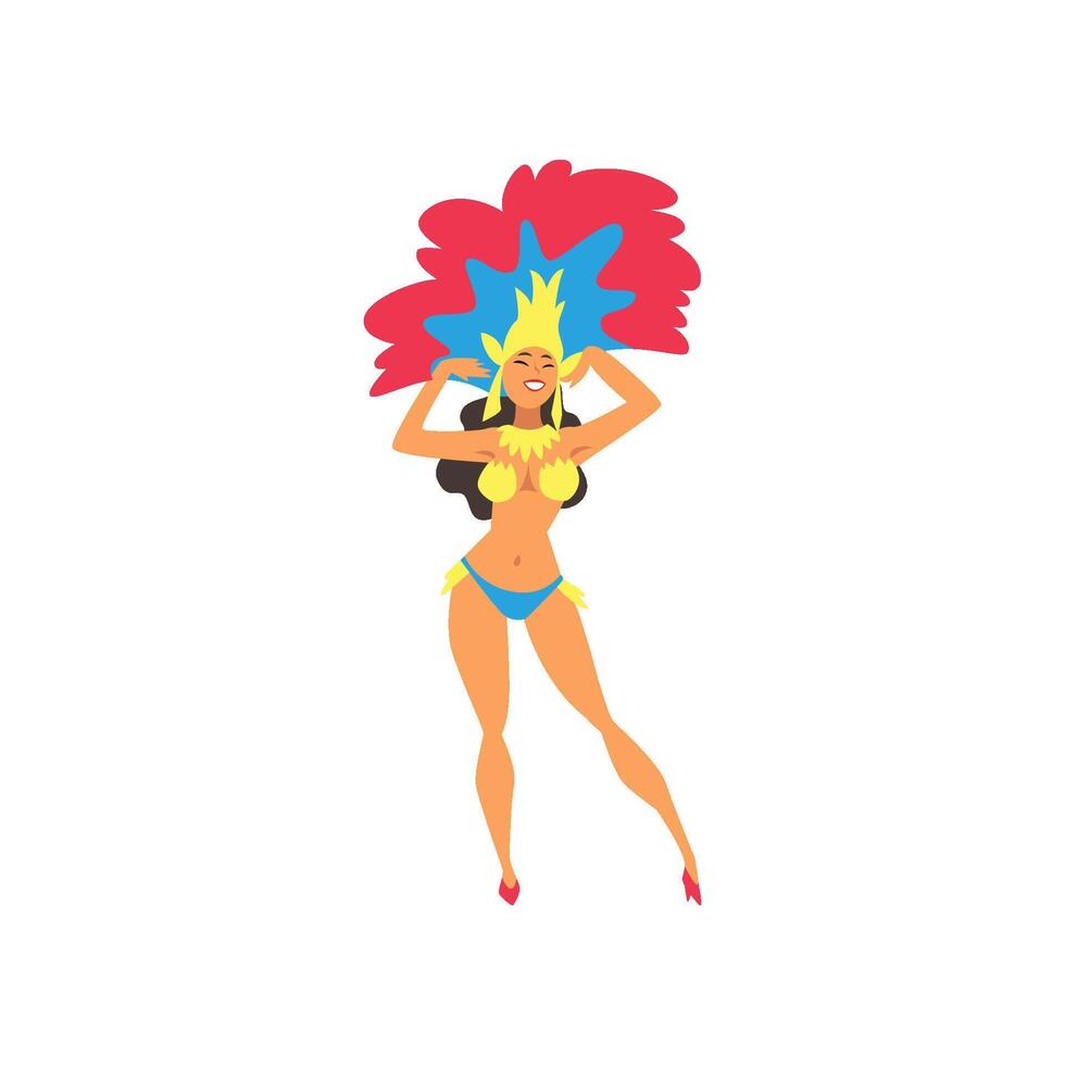 Beautiful Smiling Girl Wearing Colorful Festival Costume Dancing, Brazilian Samba Dancer, Rio de Janeiro Carnival Illustration vector