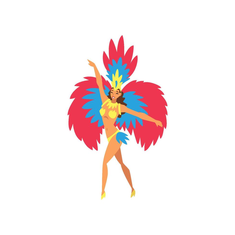 Young Woman in Bright Festival Costume Dancing Samba, Brazilian Carnival Dancer, Rio de Janeiro Festival Illustration vector