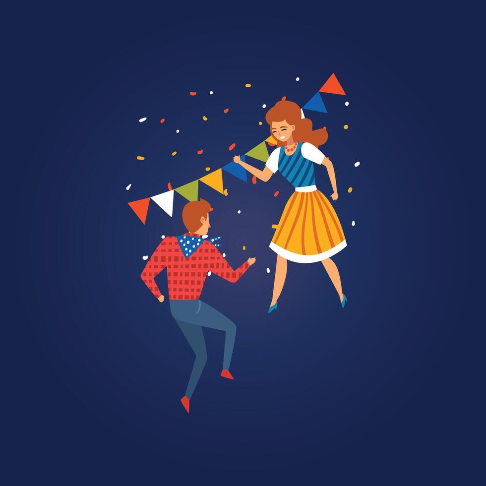 Festa Junina Traditional Brazil June Festival, Happy Young Man and Woman Dancing at Folklore Party Illustration vector