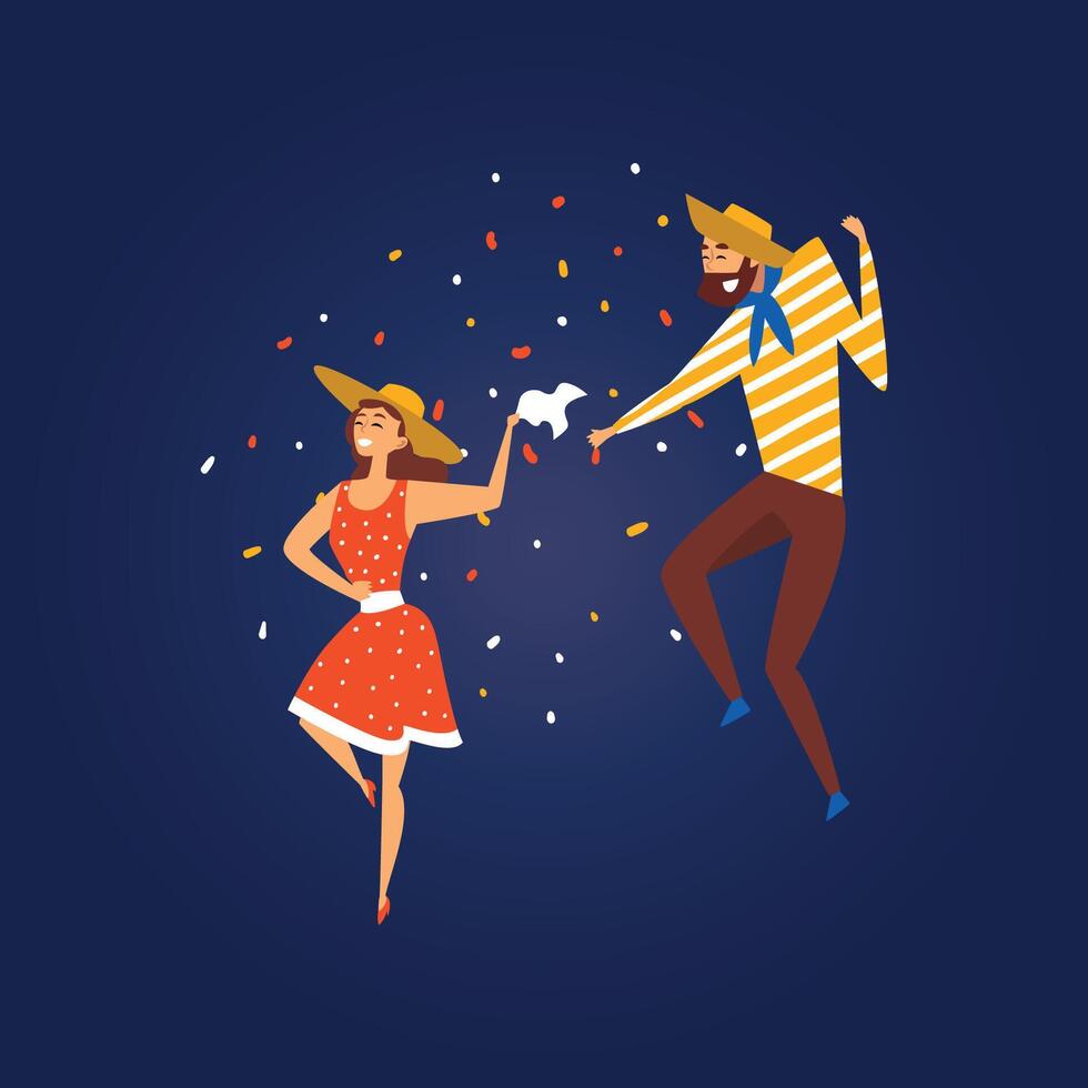 Festa Junina, Traditional Brazil June Festival, Happy Couple Dancing at Folklore Party Wearing Cowboy Hats Illustration vector