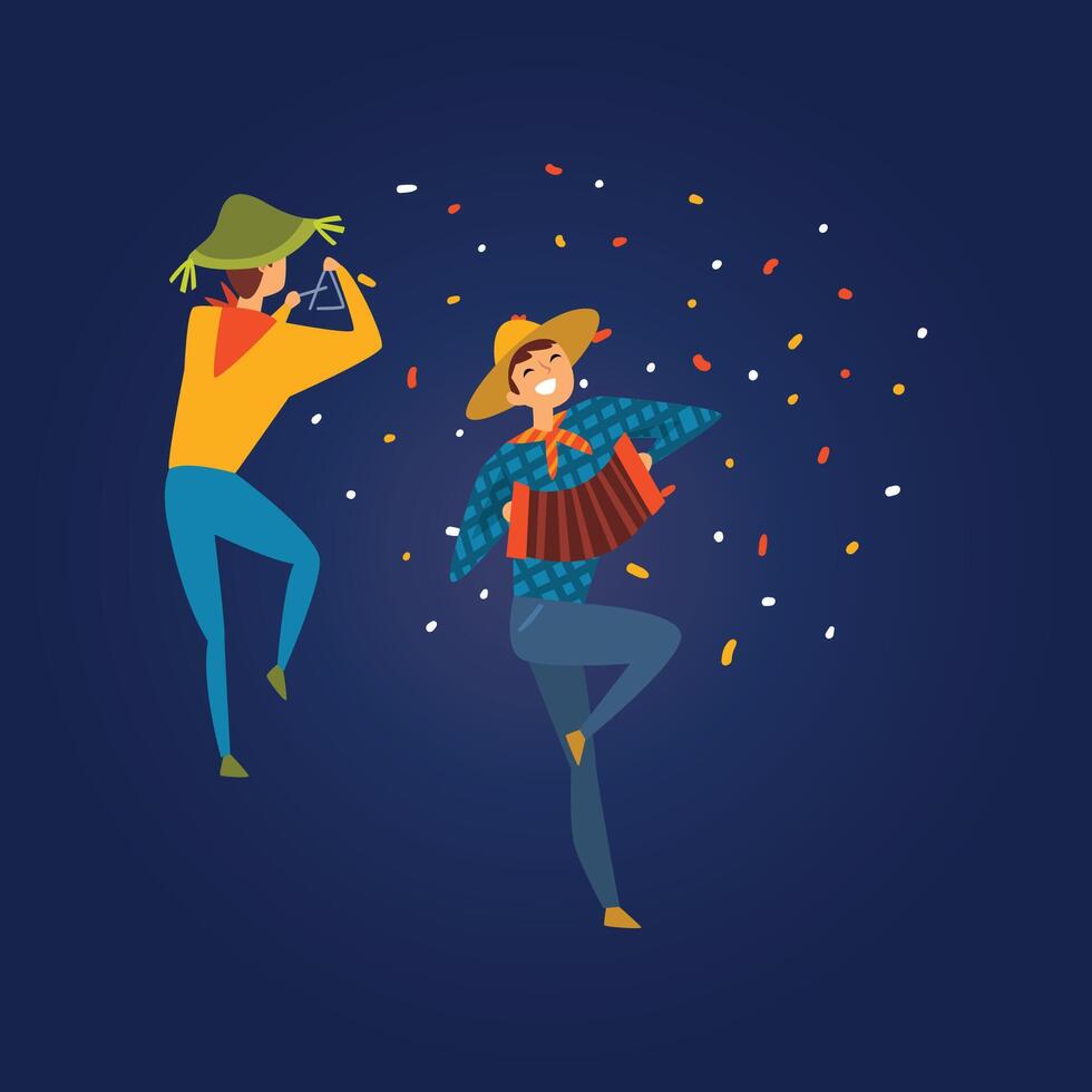 Festa Junina, Traditional Brazil June Festival, Men Dancing and Playing Accordion and Triangle at Folklore Party Illustration vector