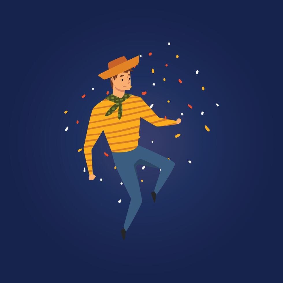Festa Junina, Traditional Brazil June Festival, Young Man in Cowboy Hat Dancing at Folklore Party Illustration vector