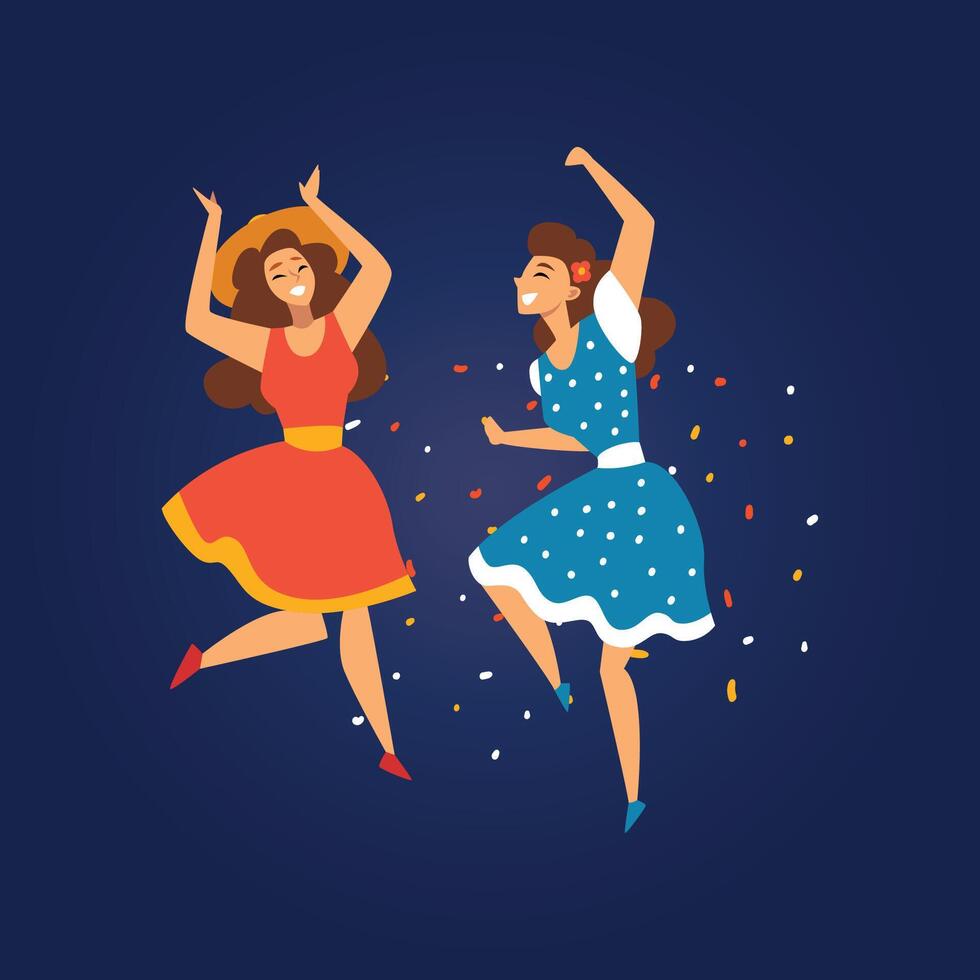 Festa Junina, Traditional Brazil June Festival, Smiling Girls Dancing at Night Folklore Party Illustration vector