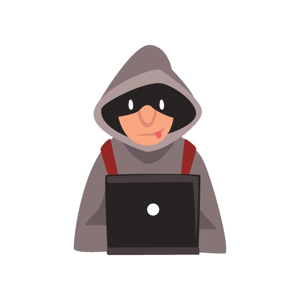 Hacker in Hoodie and Black Mask Stealing Information From Laptop, Internet Crime, Computer Security Technology Cartoon Illustration vector