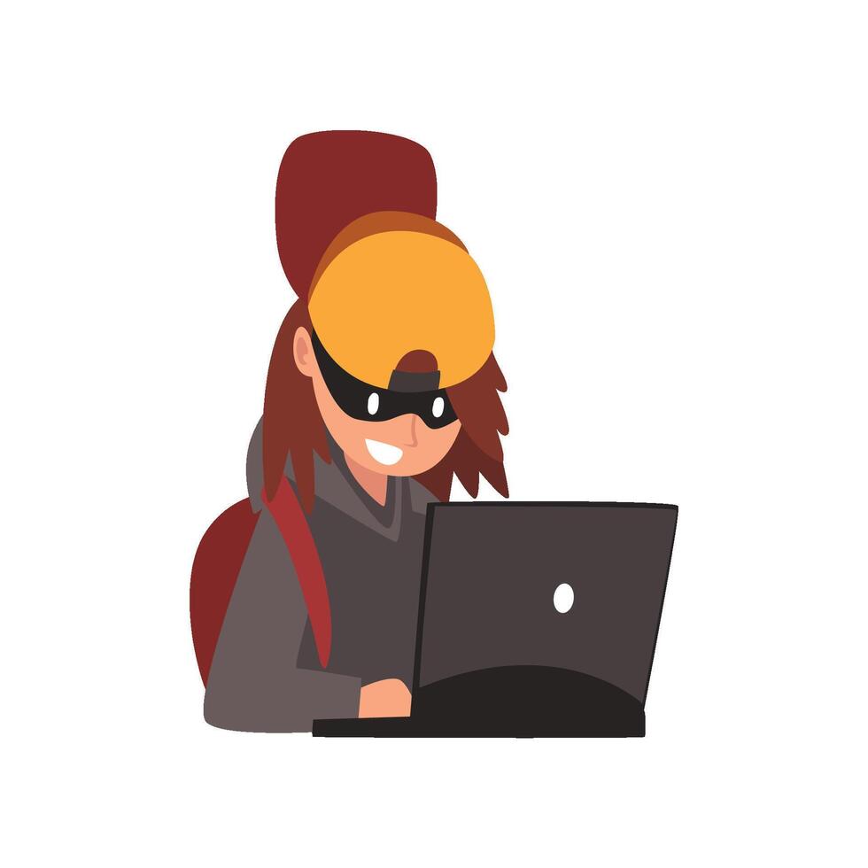Female Hacker Stealing Information From Laptop, Internet Crime, Computer Security Technology Cartoon Illustration vector