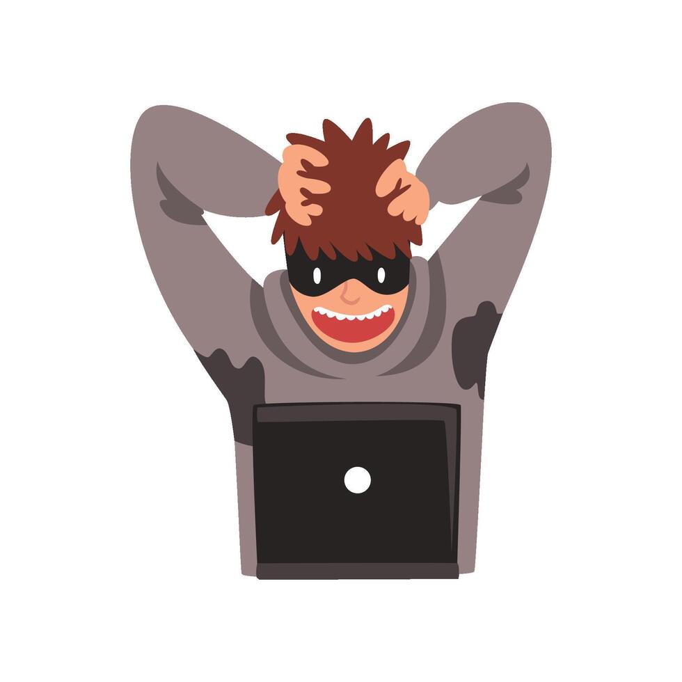 Hacker in Black Mask with Laptop, Internet Crime, Computer Security Technology Cartoon Illustration vector