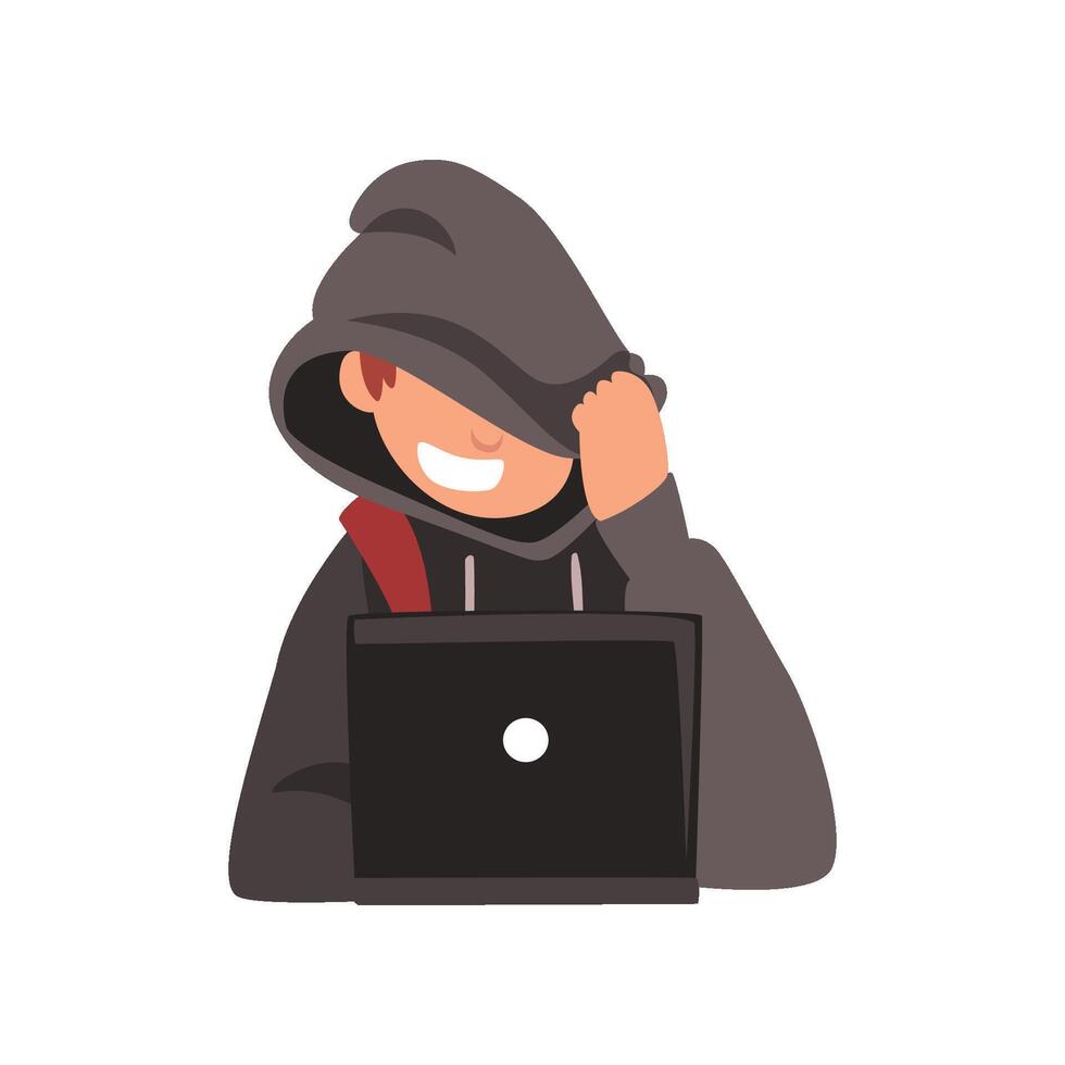 Hacker Hiding his Face Under Hood Trying to Cyber Attack Using Laptop, Internet Crime, Computer Security Technology Cartoon Illustration vector