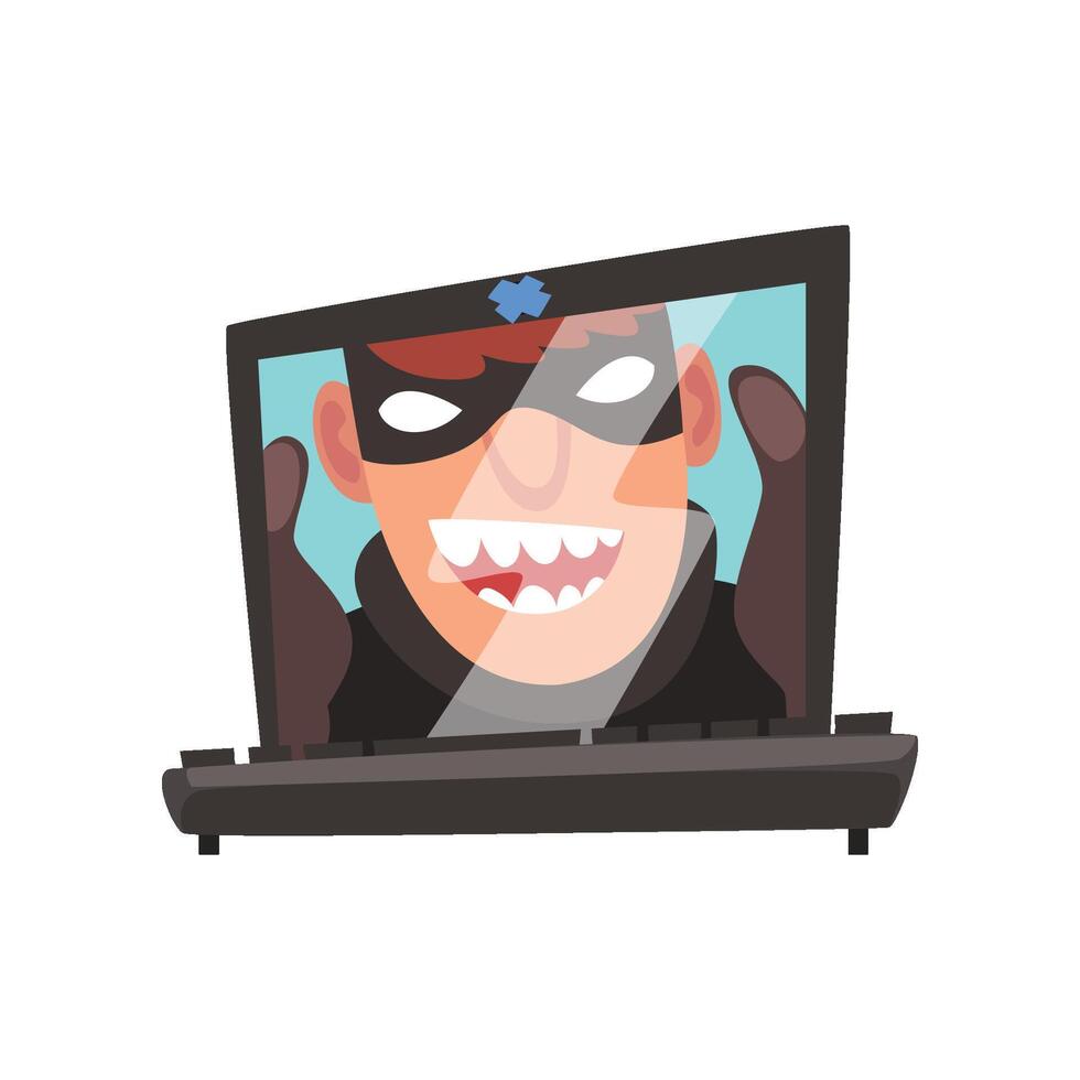 Hacker Face on Laptop Screen, Internet Crime, Computer Security Technology Cartoon Illustration vector