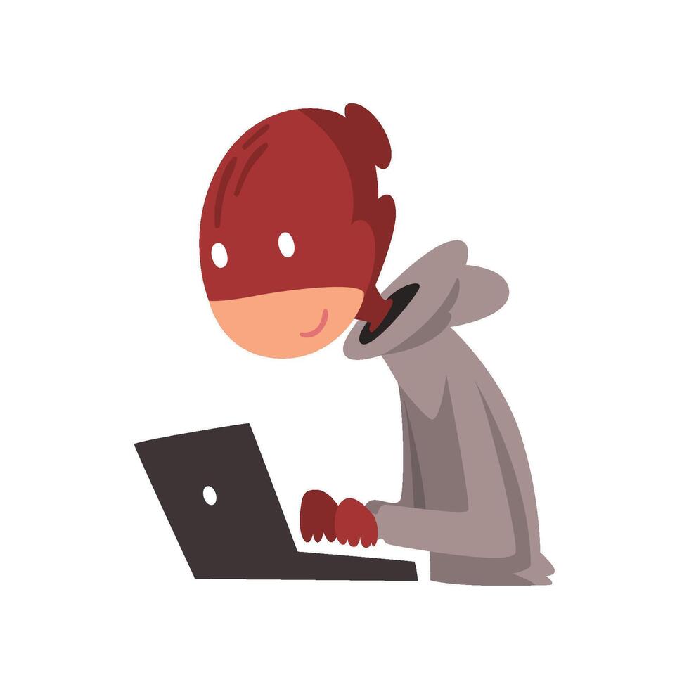 Hacker in Disguise Working on Laptop, Internet Crime, Computer Security Technology Cartoon Illustration vector