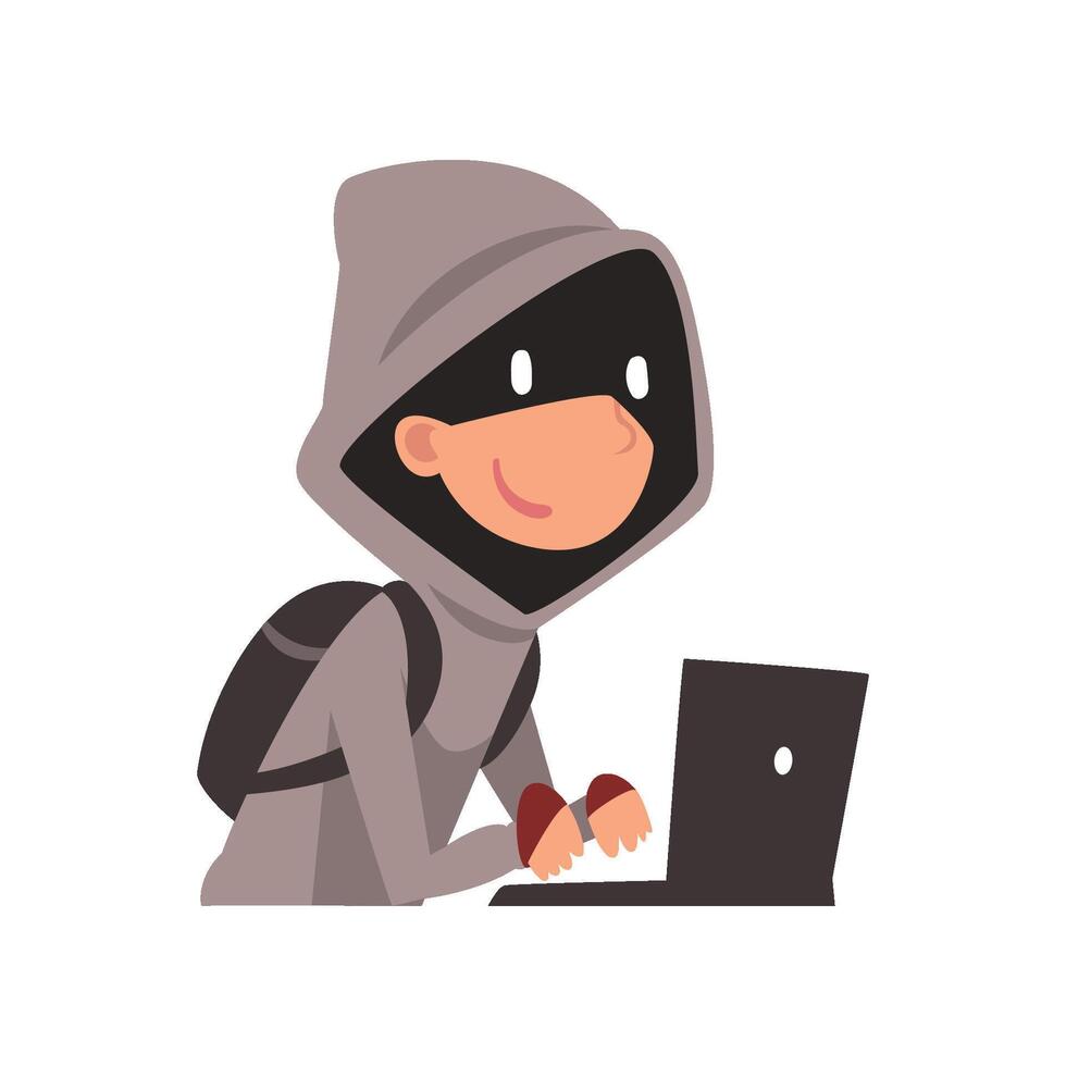 Hacker in Hoodie and Black Mask Stealing Information Using Laptop, Internet Crime, Computer Security Technology Cartoon Illustration vector