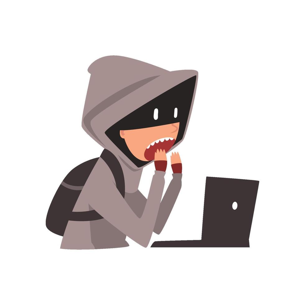 Hacker in Hoodie and Mask Trying to Cyber Attack Using Laptop, Internet Crime, Computer Security Technology Cartoon Illustration vector