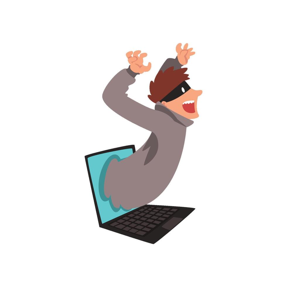 Hacker in Mask Getting Out of Laptop Screen, Internet Crime, Computer Security Technology Cartoon Illustration vector