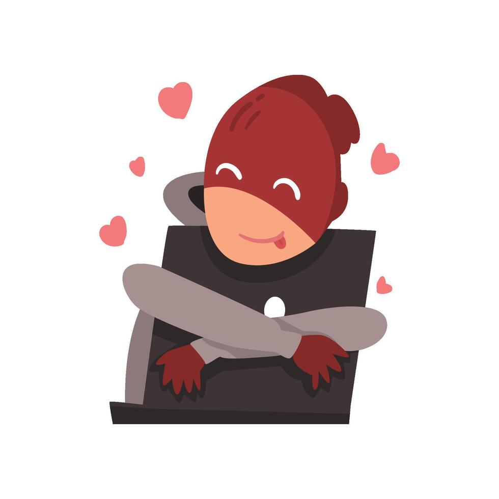Hacker in Mask Hugging Laptop, Internet Crime, Computer Security Technology Cartoon Illustration vector