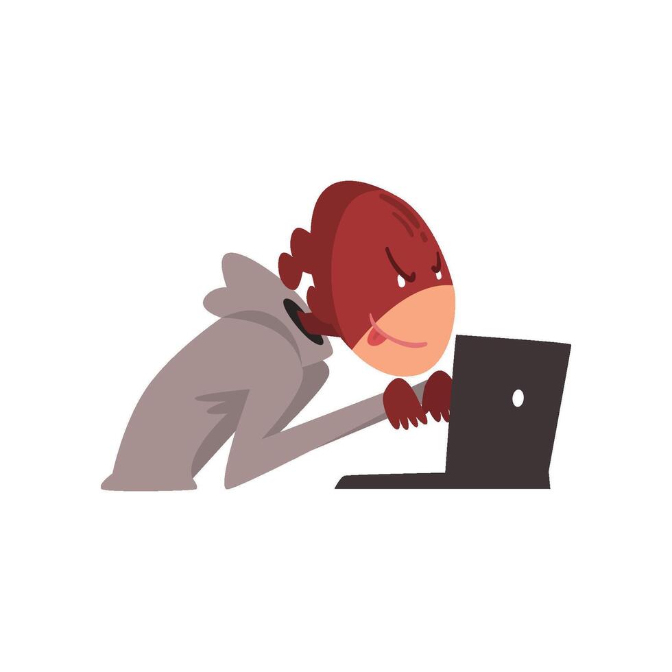 Hacker in Mask Trying Hack System Using Laptop, Internet Crime, Computer Security Technology Cartoon Illustration vector