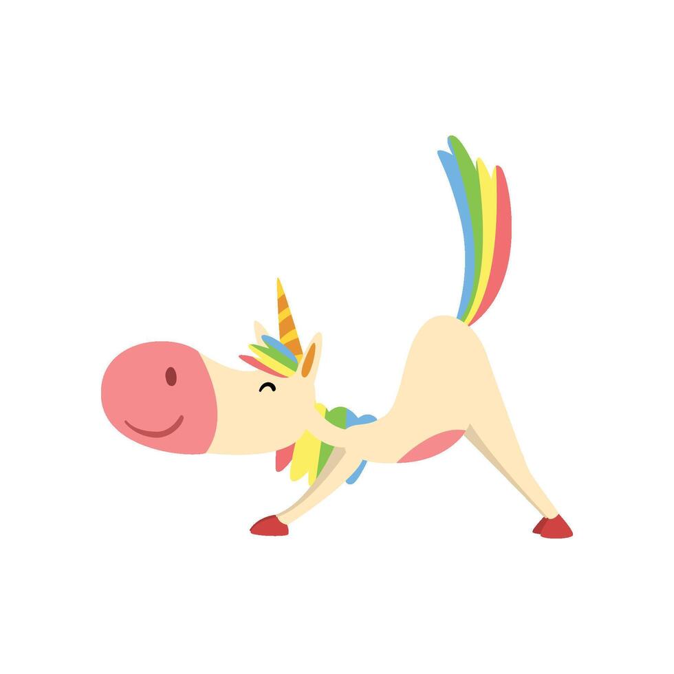Funny Unicorn in Cow Position, Fantasy Beautiful Horse Character with Rainbow Mane and Tail Practicing Yoga Exercise Illustration vector