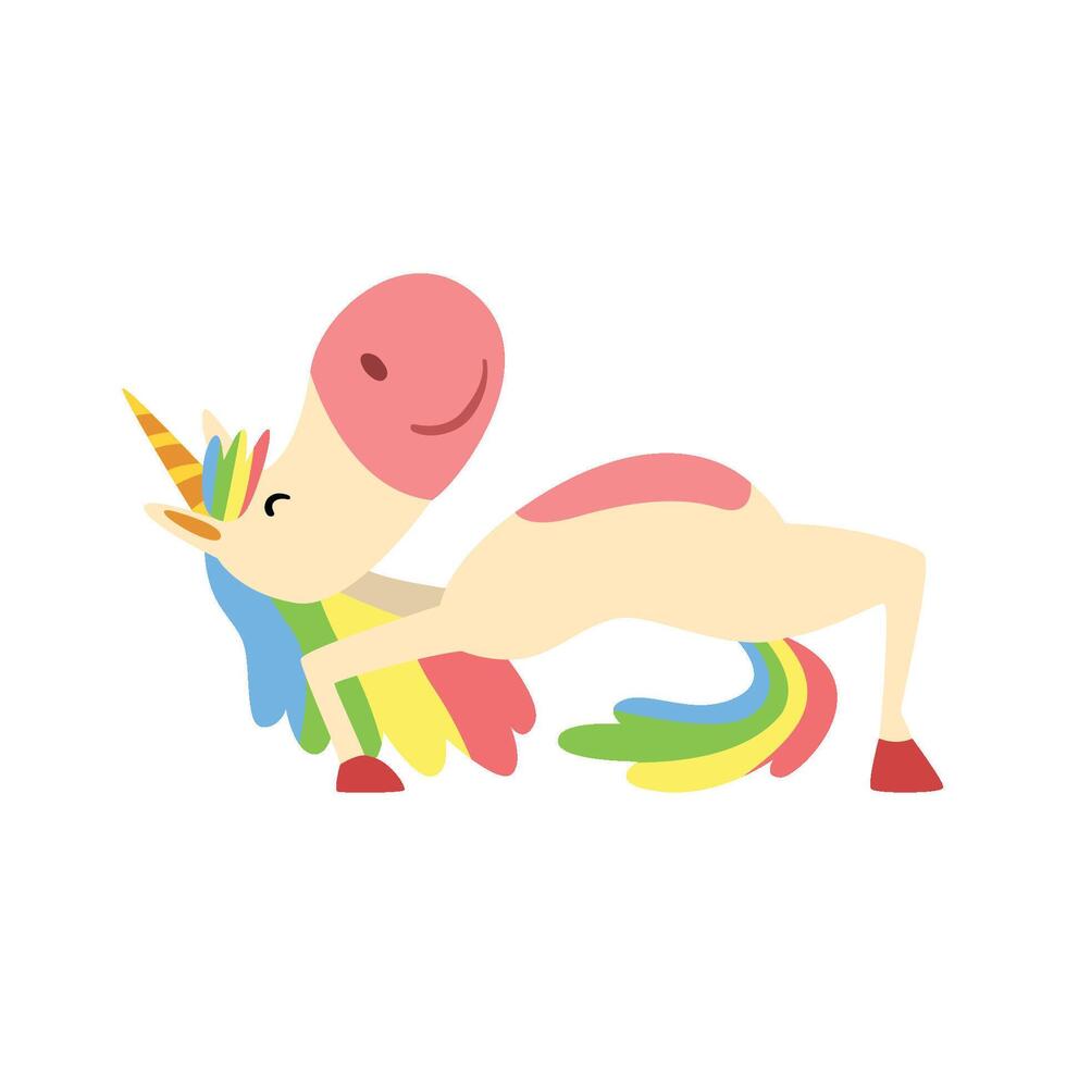 Funny Unicorn in Yoga Position, Fantasy Beautiful Horse Character with Rainbow Mane and Tail Practicing Yoga Exercise Illustration vector