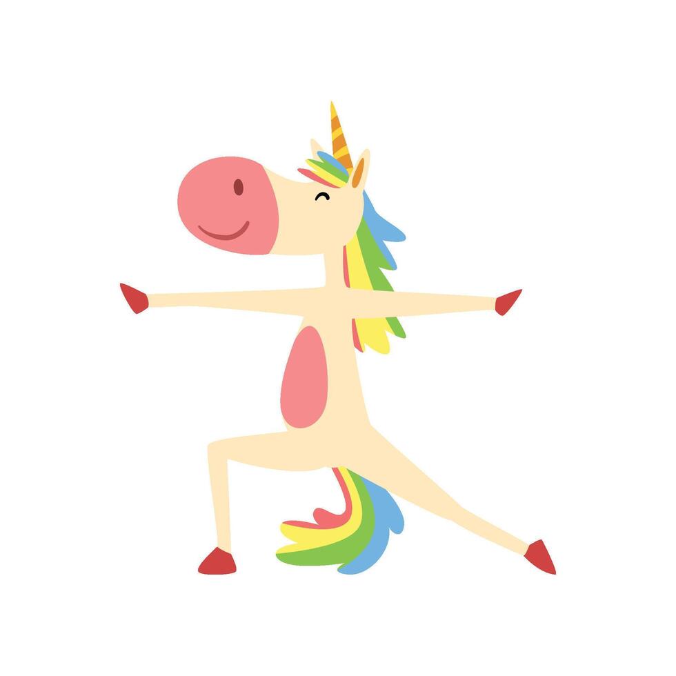 Funny Unicorn in Hero Position, Fantasy Beautiful Horse Character with Rainbow Mane and Tail Practicing Yoga Exercise Illustration vector