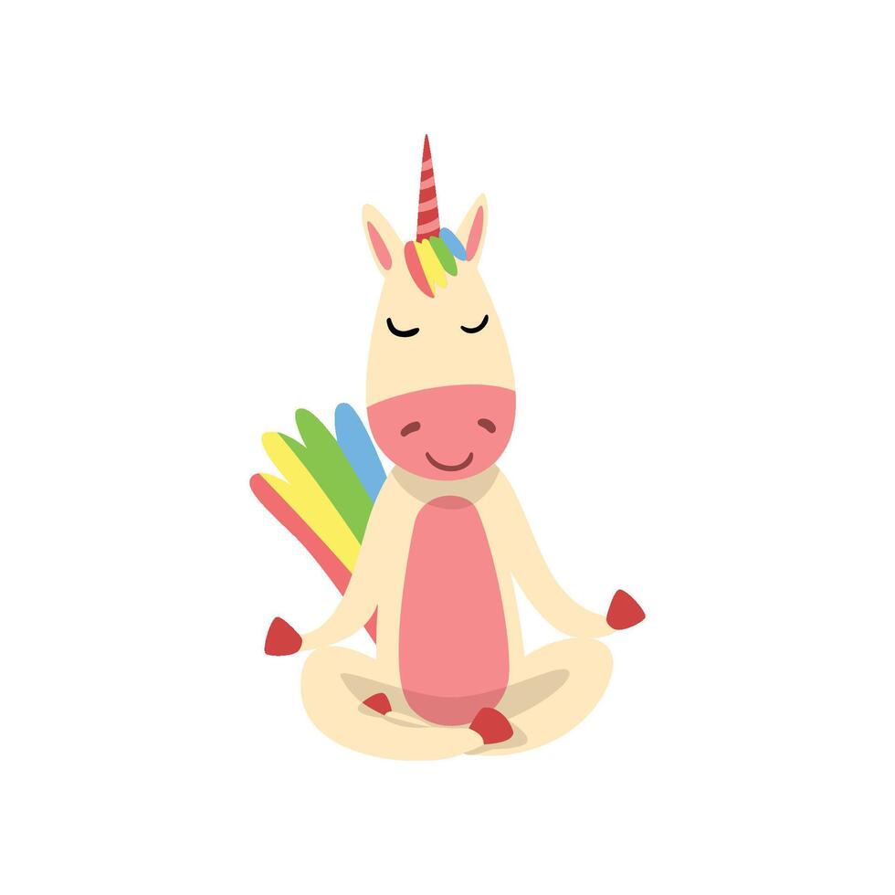 Funny Unicorn Meditating in Lotus Position, Fantasy Beautiful Horse Character with Rainbow Mane and Tail Practicing Yoga Exercise Illustration vector