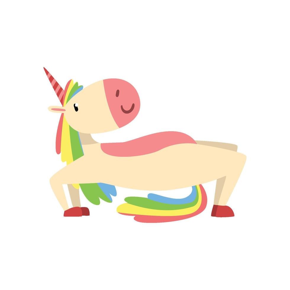 Funny Unicorn in Bridge Position, Fantasy Beautiful Horse Character with Rainbow Mane and Tail Practicing Yoga Exercise Illustration vector