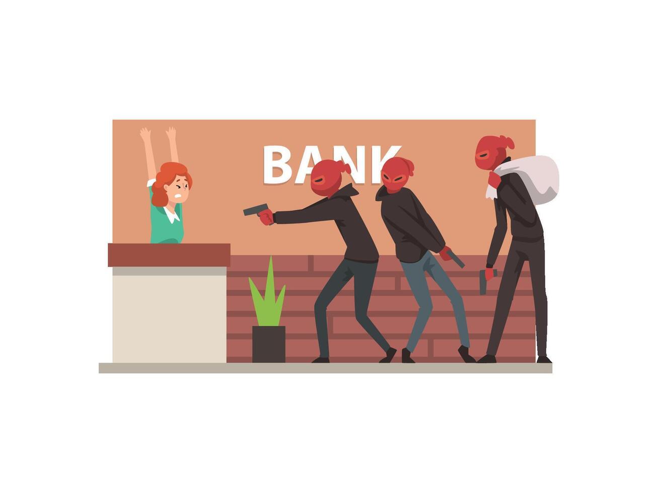 Bank Robbery, Group of Male Thieves Committing Burglary Illustration vector