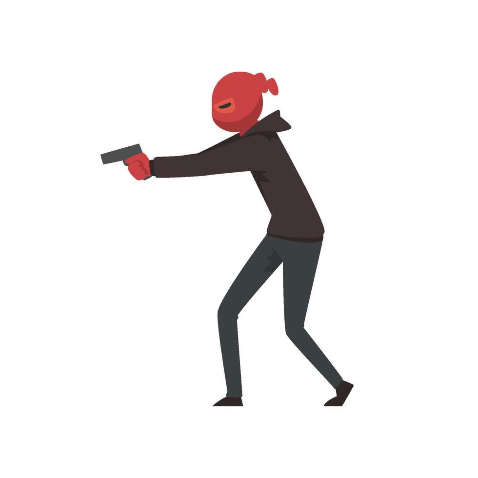 Robber or Burglar Dressed in Black Clothes and Mask Standing with Gun Illustration vector