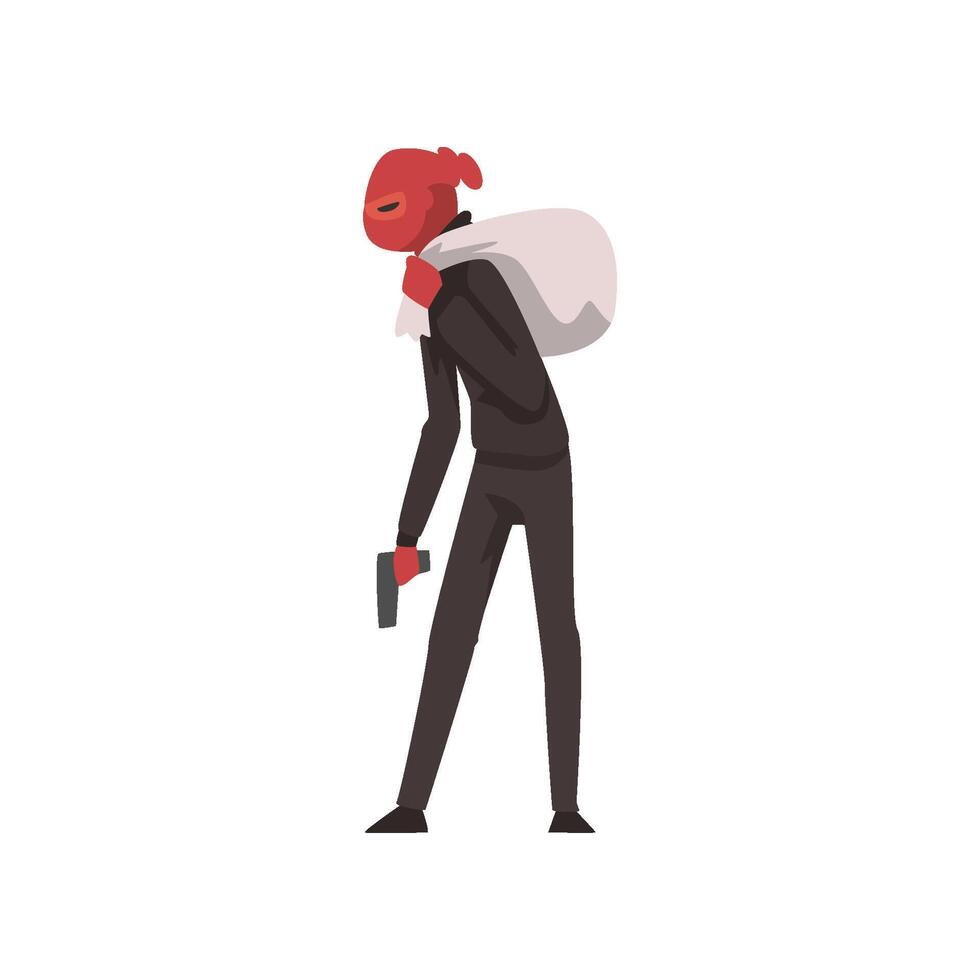 Masked Robber or Burglar Standing with Gun and Sack of Money Illustration vector