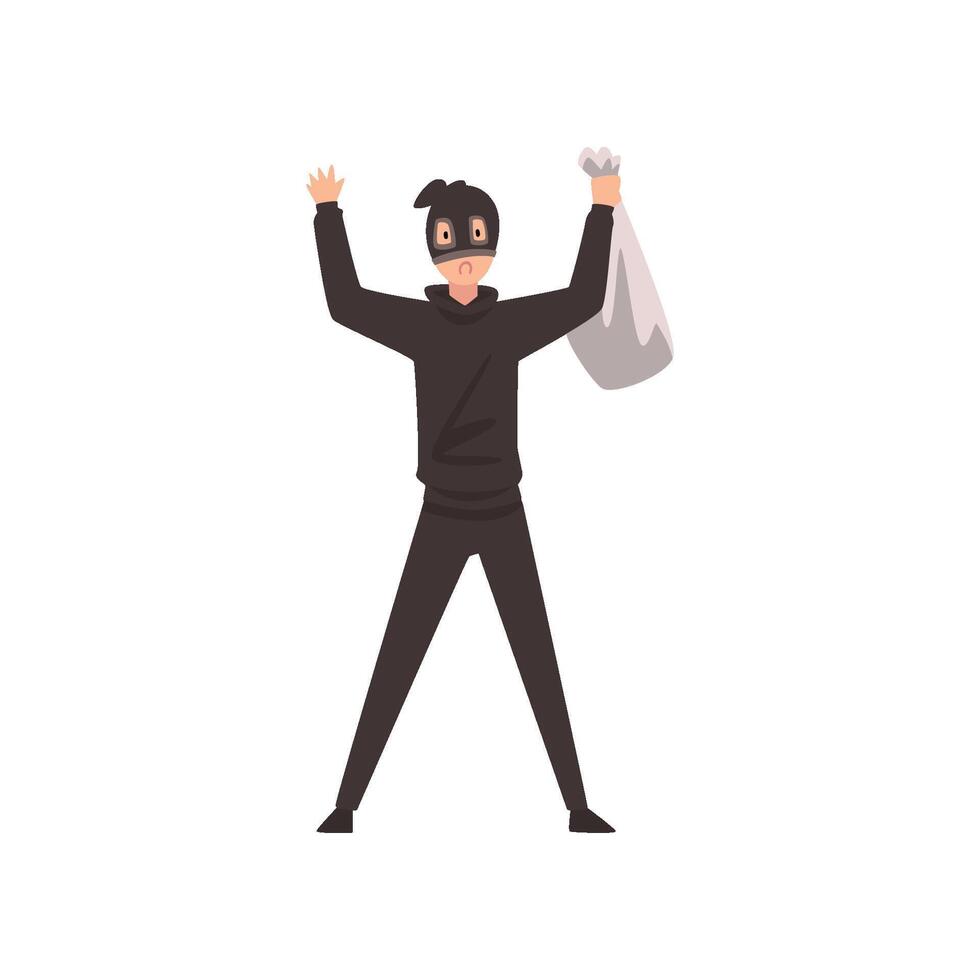 Robber Dressed in Black Clothes and Mask Standing with Raised Hands and Money Bag Illustration vector