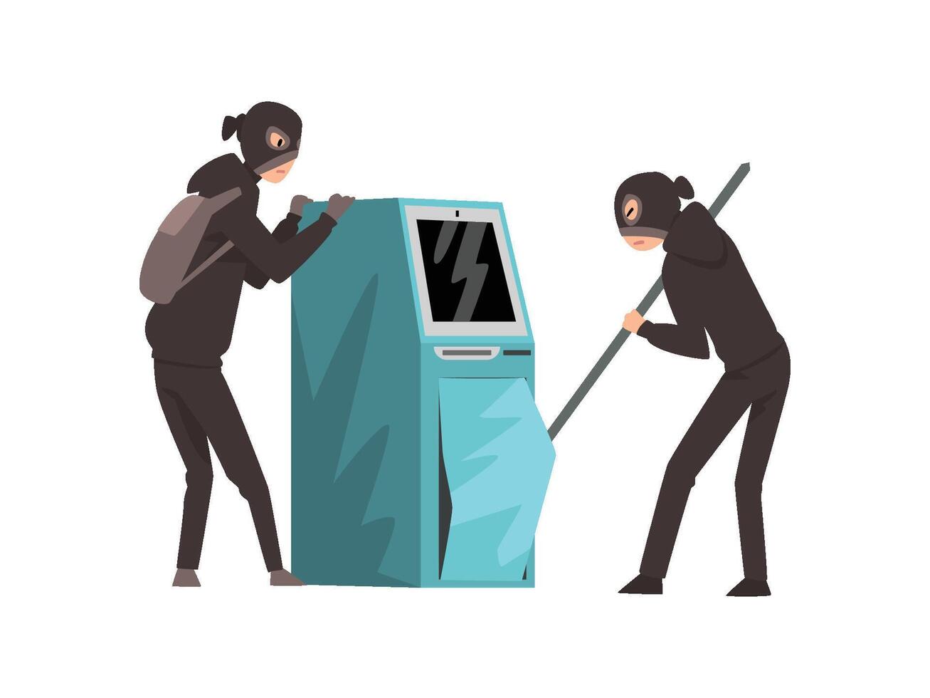 Male Burglars Dressed in Black Clothes and Masks Trying to Steal Money from ATM Illustration vector