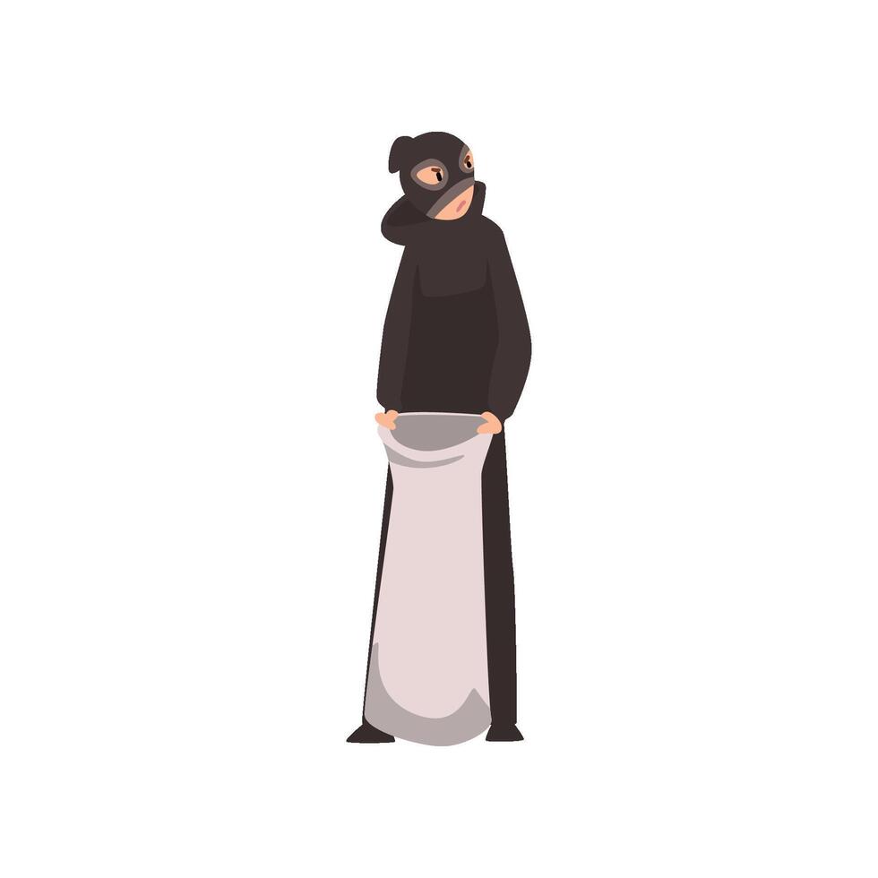 Robber Dressed in Black Clothes and Mask Standing with Money Bag Illustration vector