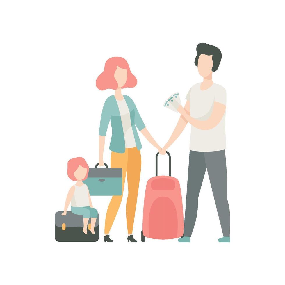 Happy Family Travelling, Father, Mother and Kid with Suitcases Illustration vector