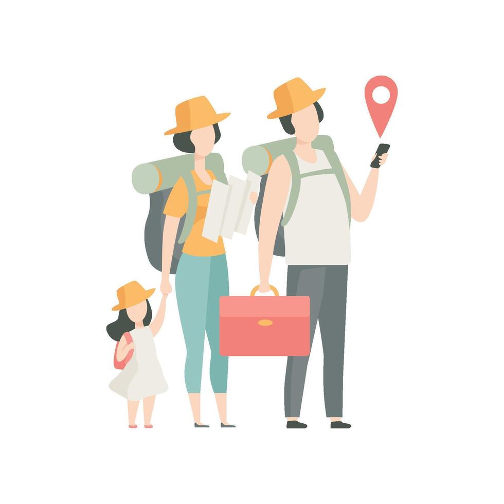 Family Travelling Together with Backpacks, Father, Mother and Daughter Going on Summer Vacation Illustration vector