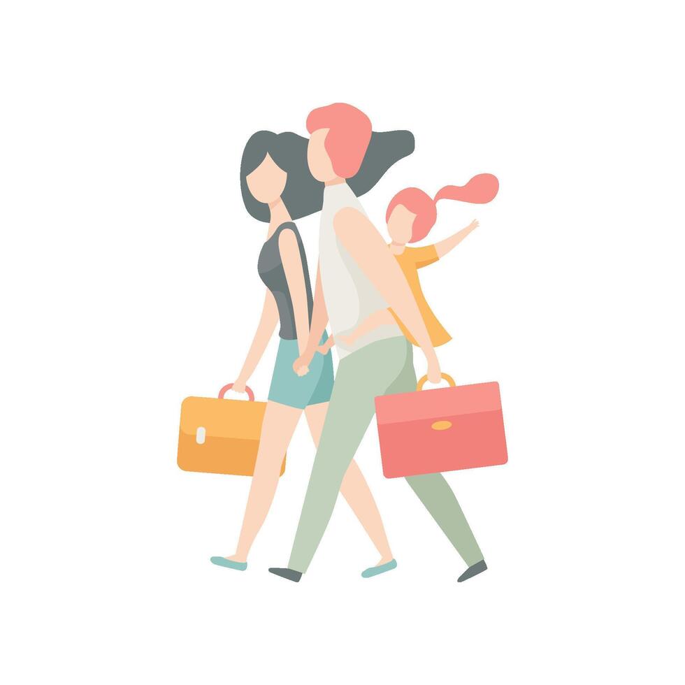 Family Travelling Together, Father, Mother and Daughter Walking with Suitcases Illustration vector
