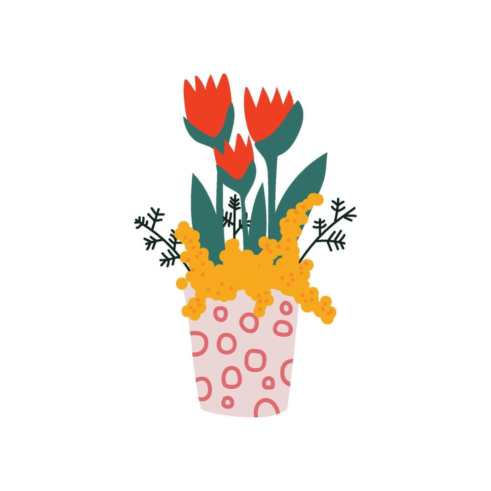 Spring Red Tulip Flowers in Flowerpot, Beautiful Potted Plant Illustration vector