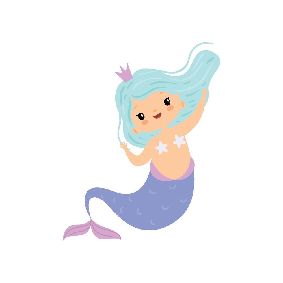 Beautiful Little Mermaid with Crown, Cute Sea Princess Character Illustration vector