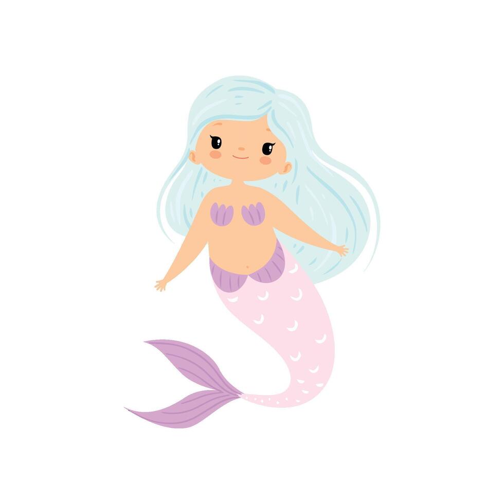 Beautiful Little Mermaid with Long Hair, Cute Sea Princess Character Illustration vector