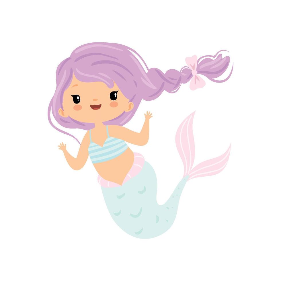 Little Mermaid with Beautiful Hair Braided in Braid, Cute Sea Princess Character Illustration vector