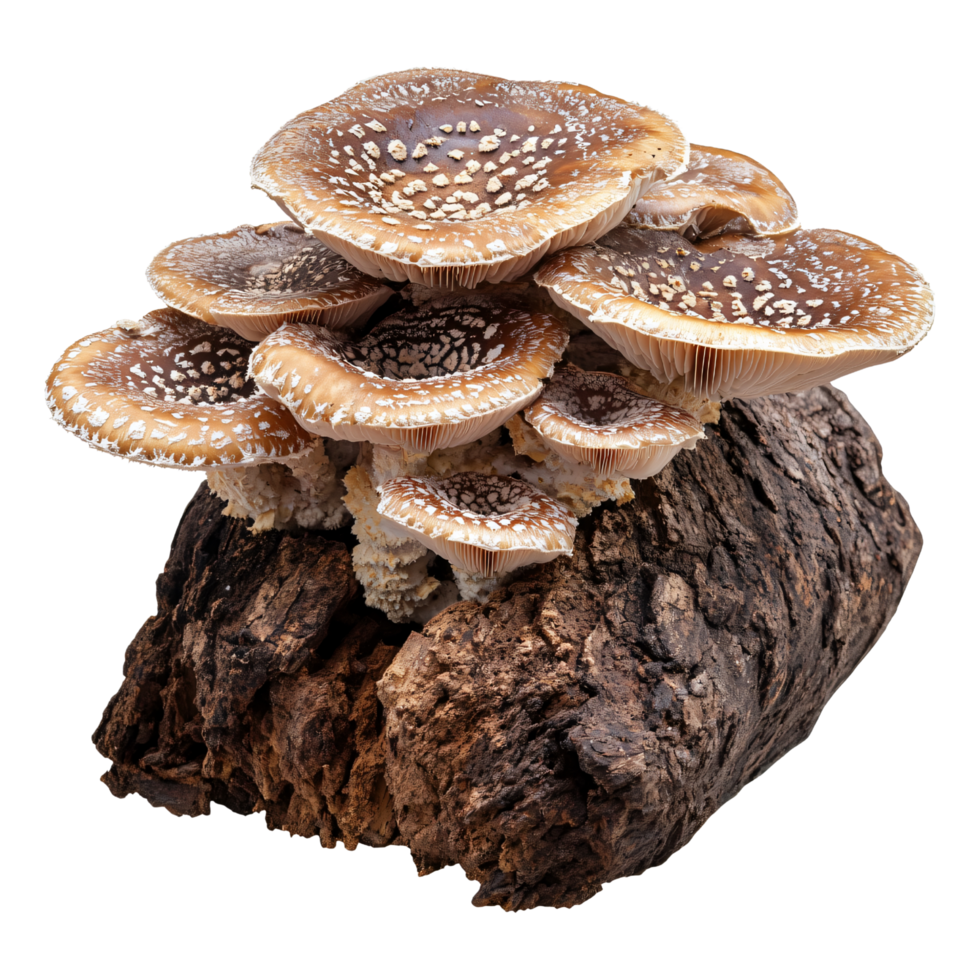 Shiitake mushrooms growing from log wood base isolated on transparent background png