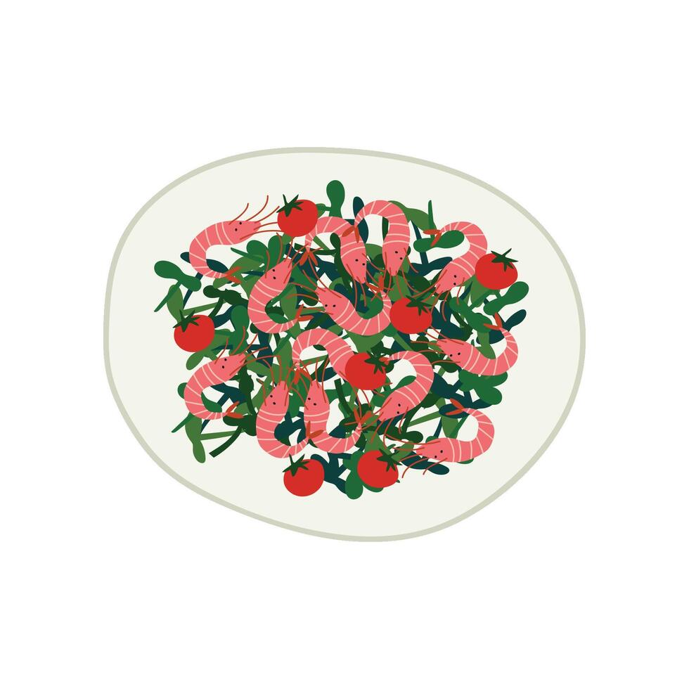 Delicious Salad with Shrimps and Vegetables on Plate, Fresh Healthy Dish, Top View Illustration vector