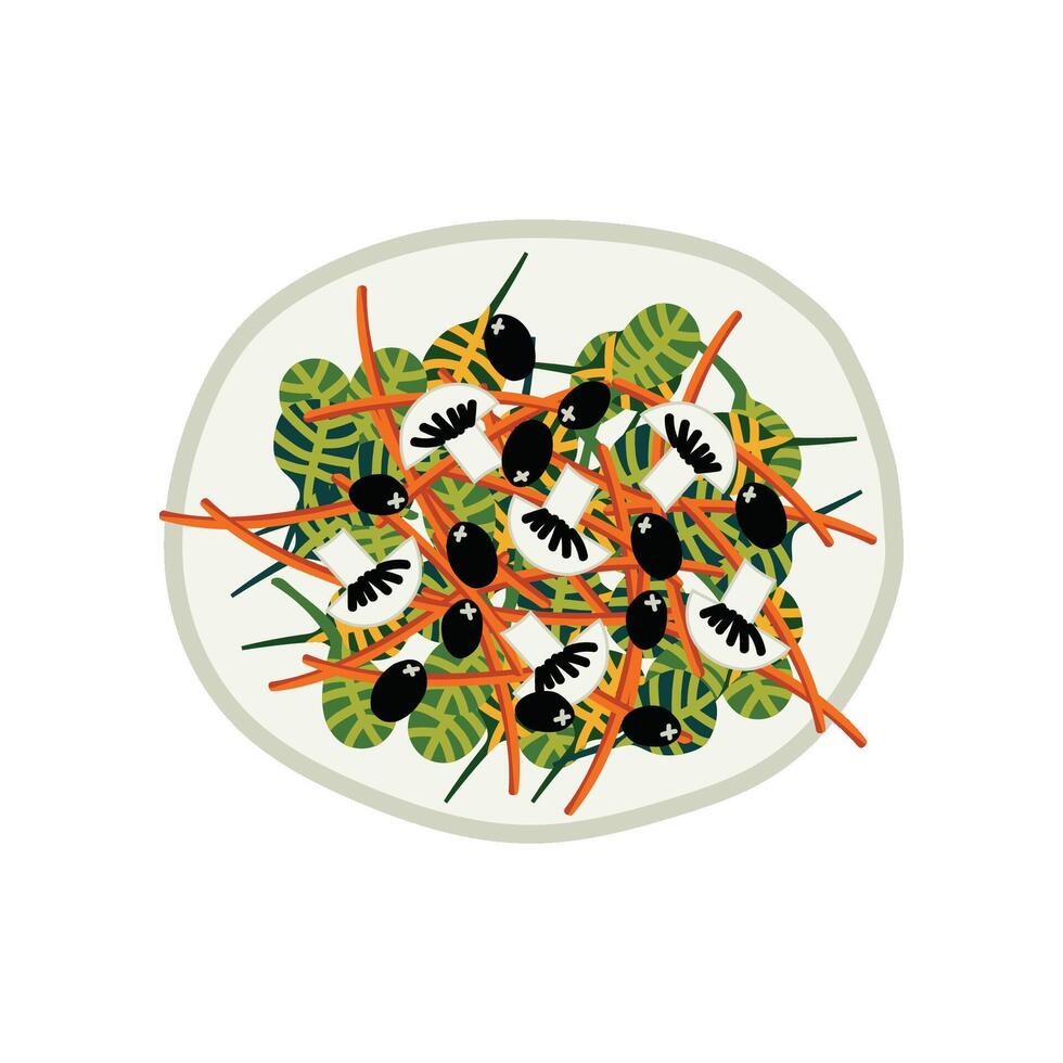 Delicious Salad with Mushrooms and Olives on Plate, Fresh Healthy Dish, Top View Illustration vector